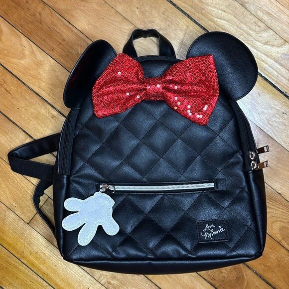 Disney Minnie Mouse Black Quilted Faux Leather Backpack with Ears and sequins - Picture 1 of 9